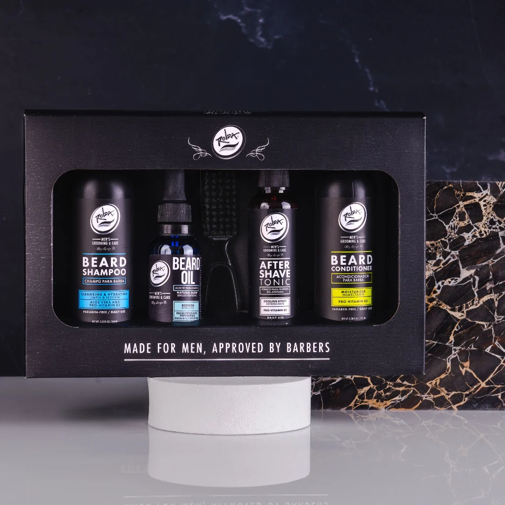 Rolda - Kit especial para el cuidado de la barba. (Básicos para tener una barba limpia y cuidada). Productos de uso diario. Prácticos de usar, protegerán tu barba y te harán ver sexy y guapo.